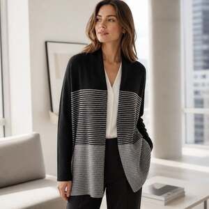 Elle Open Front Striped Cardigan Sweater Black Gray XL